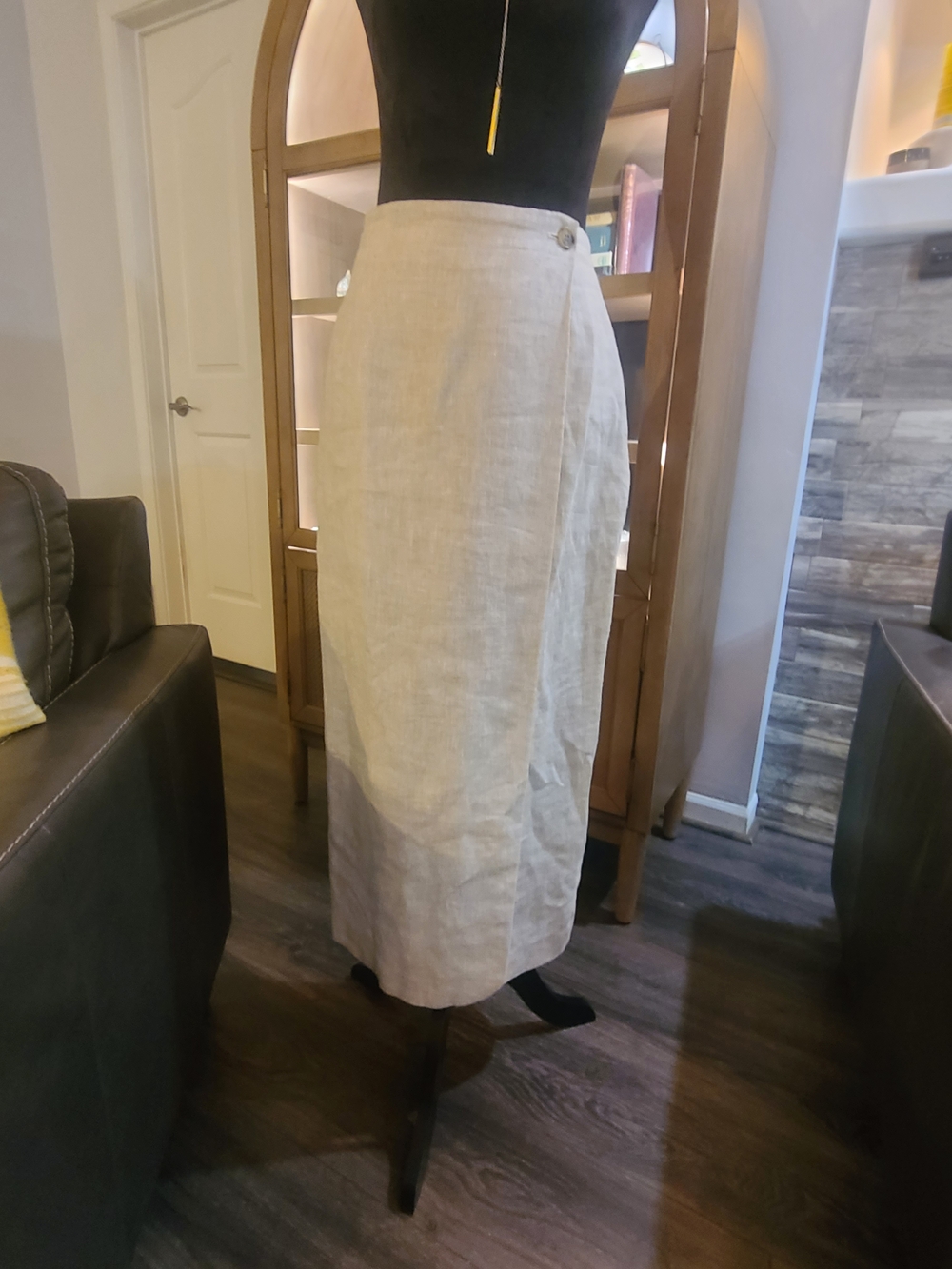 Vintage High-Waist Wrap Natural Linen Blend Midi Skirt with Side Button